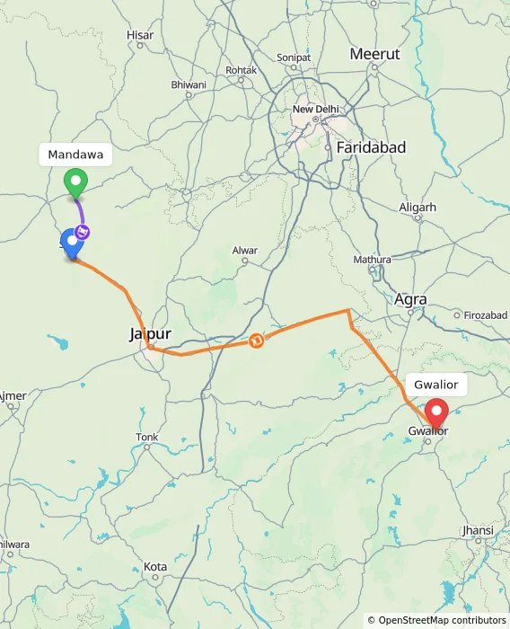 Route map showing distance and travel time from Mandawa, India to Gwalior, India