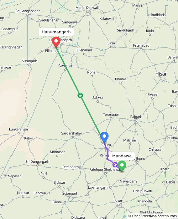 Route map showing distance and travel time from Mandawa, India to Hanumangarh, India