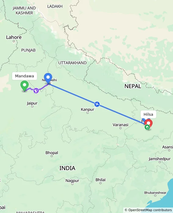 Route map showing distance and travel time from Mandawa, India to Hilsa, India
