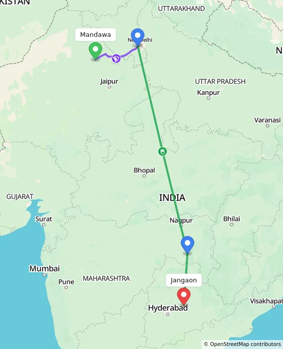 Route map showing distance and travel time from Mandawa, India to Jangaon, India