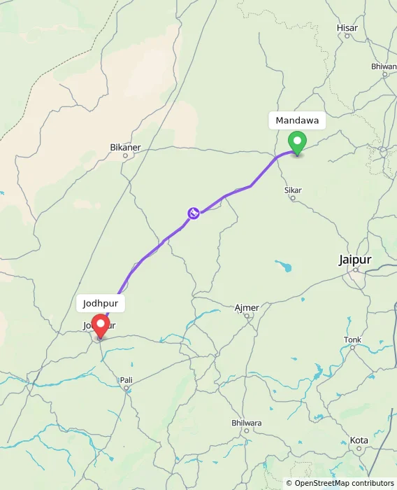 Route map showing distance and travel time from Mandawa, India to Jodhpur, India