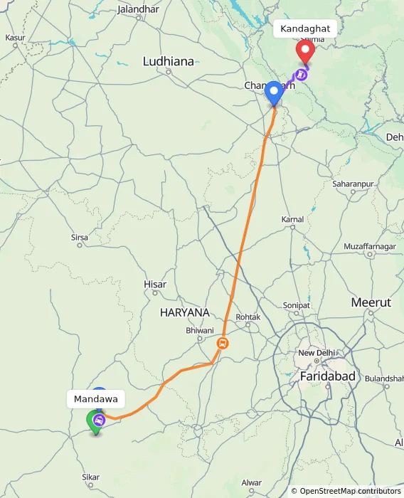 Route map showing distance and travel time from Mandawa, India to Kandaghat, India