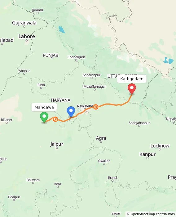 Route map showing distance and travel time from Mandawa, India to Kathgodam, India