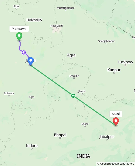 Route map showing distance and travel time from Mandawa, India to Katni, India