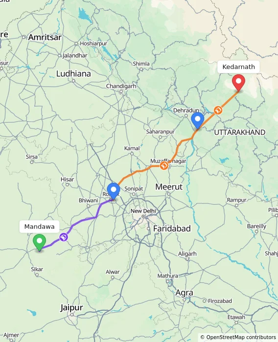 Route map showing distance and travel time from Mandawa, India to Kedarnath, India