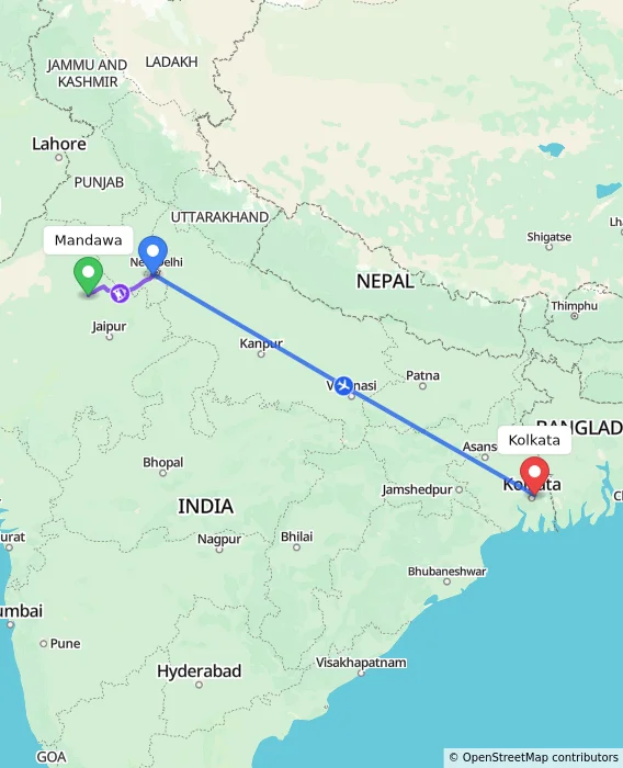 Route map showing distance and travel time from Mandawa, India to Kolkata, India