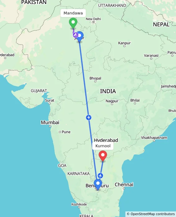 Route map showing distance and travel time from Mandawa, India to Kurnool, India