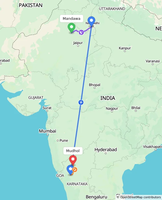 Route map showing distance and travel time from Mandawa, India to Mudhol, India