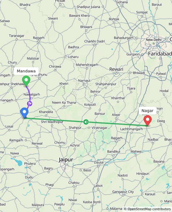 Route map showing distance and travel time from Mandawa, India to Nagar, India