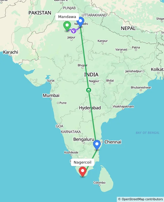 Route map showing distance and travel time from Mandawa, India to Nagercoil, India