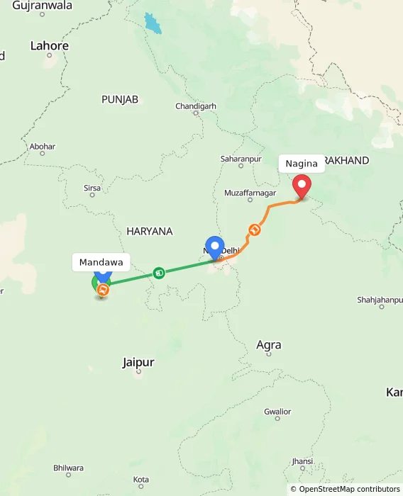 Route map showing distance and travel time from Mandawa, India to Nagina, India