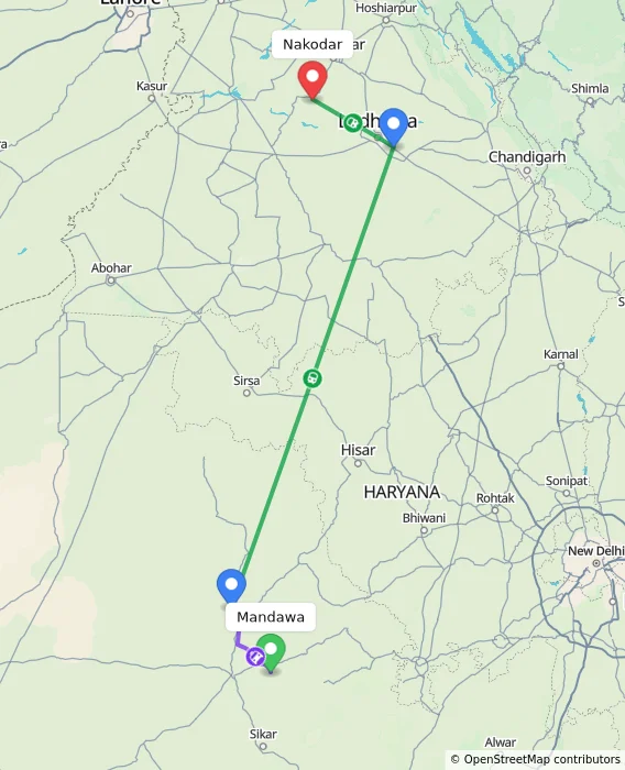 Route map showing distance and travel time from Mandawa, India to Nakodar, India