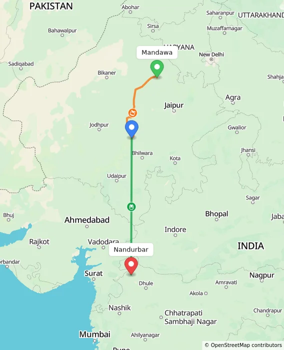 Route map showing distance and travel time from Mandawa, India to Nandurbar, India