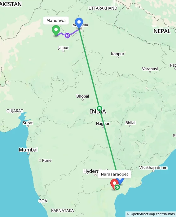 Route map showing distance and travel time from Mandawa, India to Narasaraopet, India