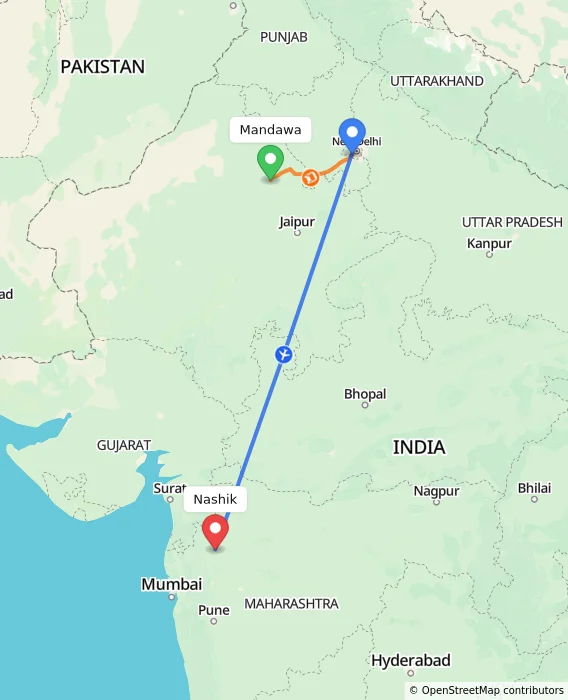 Route map showing distance and travel time from Mandawa, India to Nashik, India