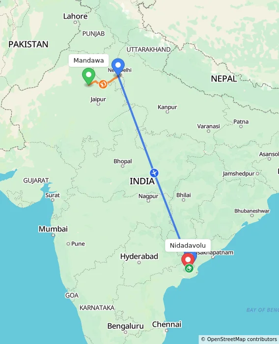 Route map showing distance and travel time from Mandawa, India to Nidadavolu, India