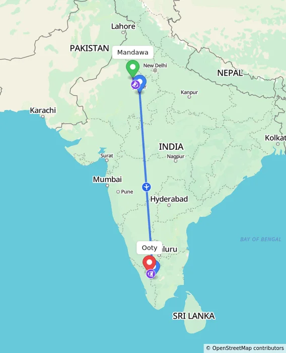 Route map showing distance and travel time from Mandawa, India to Ooty, India