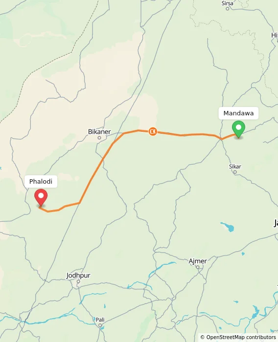 Route map showing distance and travel time from Mandawa, India to Phalodi, India