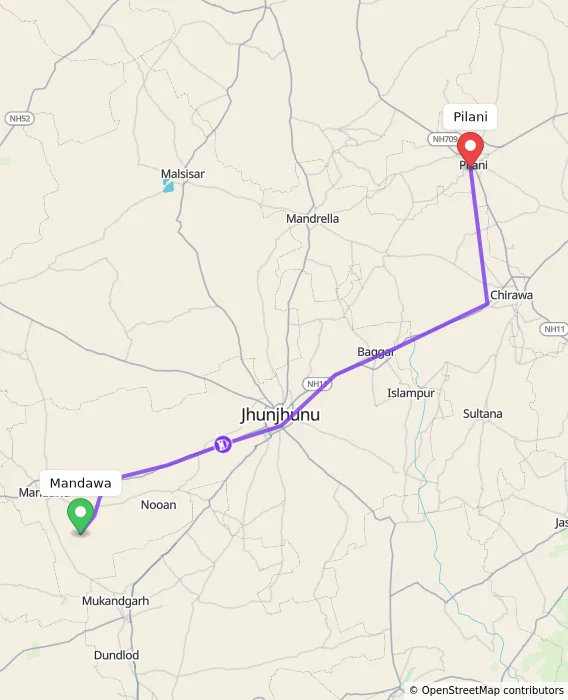 Route map showing distance and travel time from Mandawa, India to Pilani, India