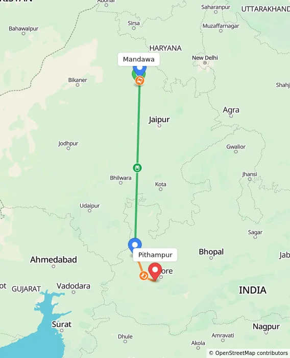 Route map showing distance and travel time from Mandawa, India to Pithampur, India
