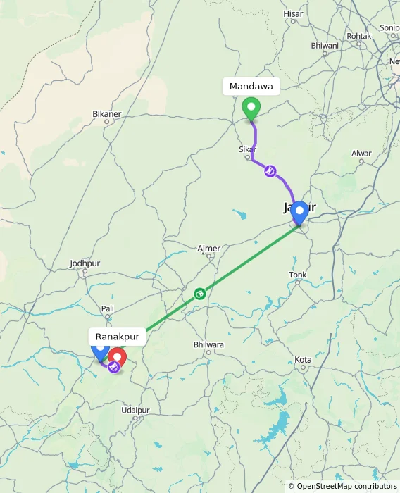Route map showing distance and travel time from Mandawa, India to Ranakpur, India