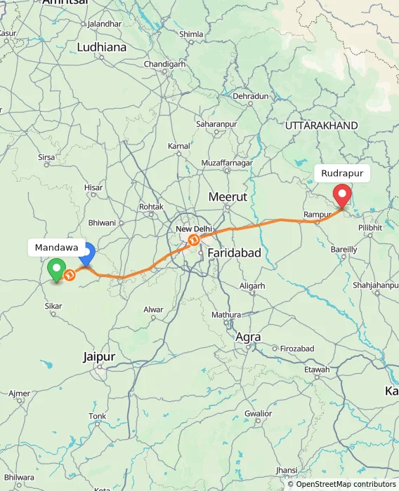 Route map showing distance and travel time from Mandawa, India to Rudrapur, India