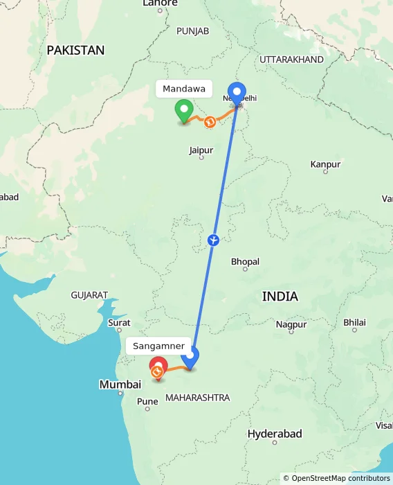 Route map showing distance and travel time from Mandawa, India to Sangamner, India