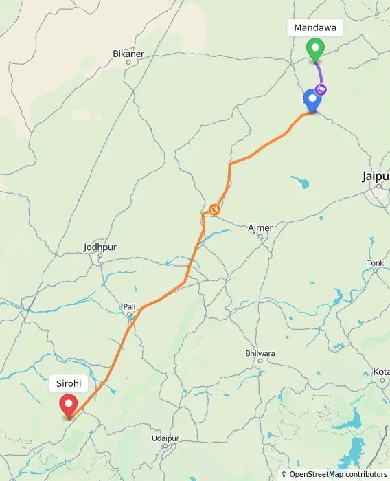 Route map showing distance and travel time from Mandawa, India to Sirohi, India