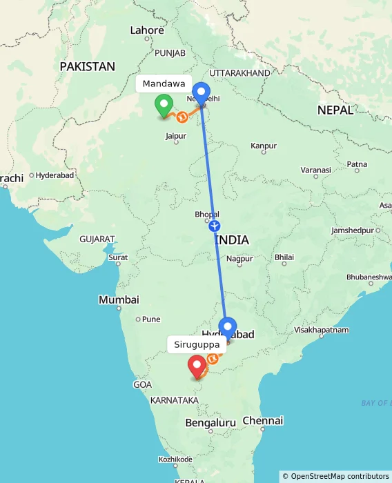 Route map showing distance and travel time from Mandawa, India to Siruguppa, India
