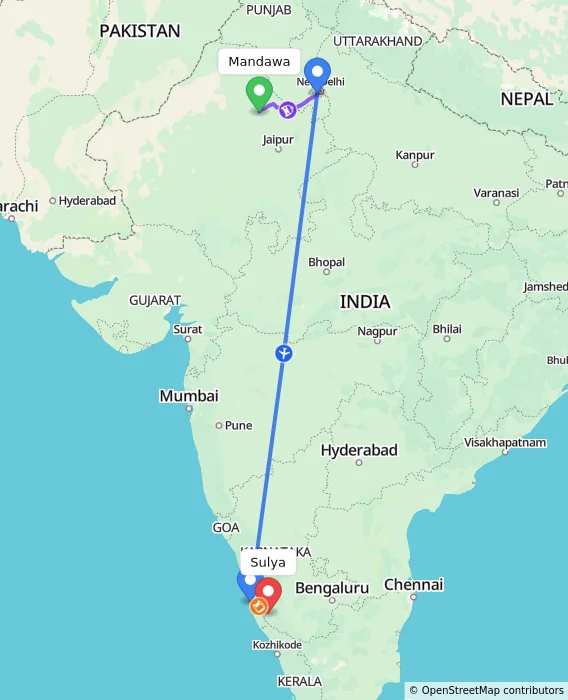 Route map showing distance and travel time from Mandawa, India to Sulya, India