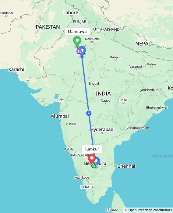 Route map showing distance and travel time from Mandawa, India to Tumkur, India