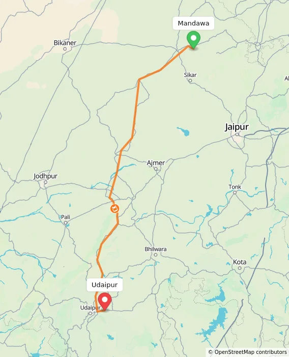 Route map showing distance and travel time from Mandawa, India to Udaipur, India