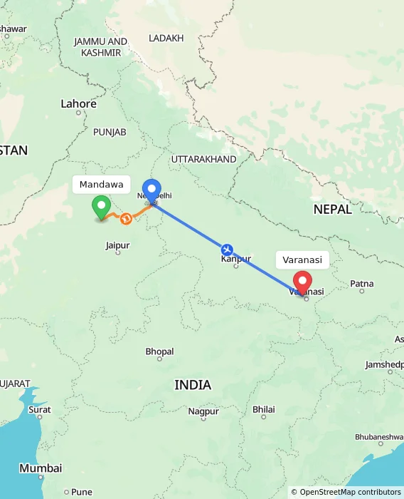Route map showing distance and travel time from Mandawa, India to Varanasi, India