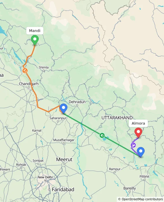 Route map showing distance and travel time from Mandi, India to Almora, India