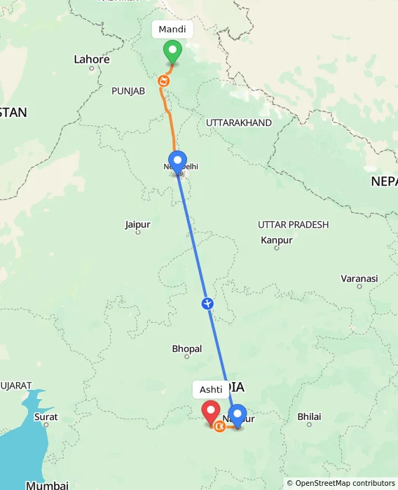 Route map showing distance and travel time from Mandi, India to Ashti, India