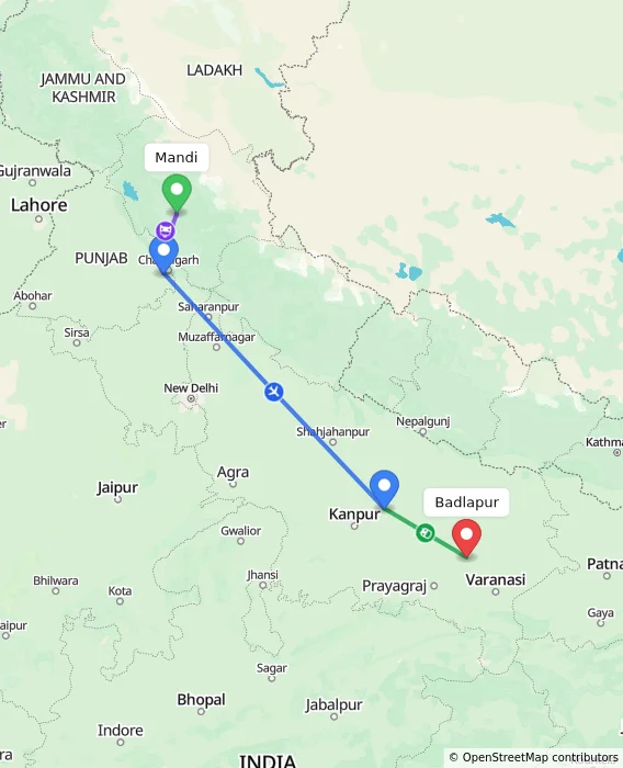 Route map showing distance and travel time from Mandi, India to Badlapur, India