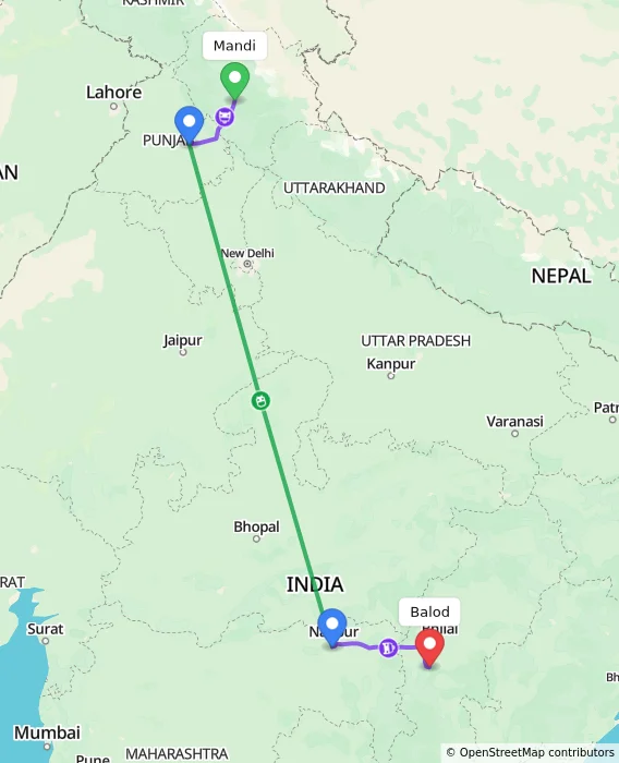 Route map showing distance and travel time from Mandi, India to Balod, India