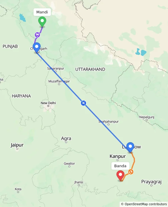 Route map showing distance and travel time from Mandi, India to Banda, India