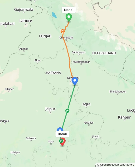 Route map showing distance and travel time from Mandi, India to Baran, India
