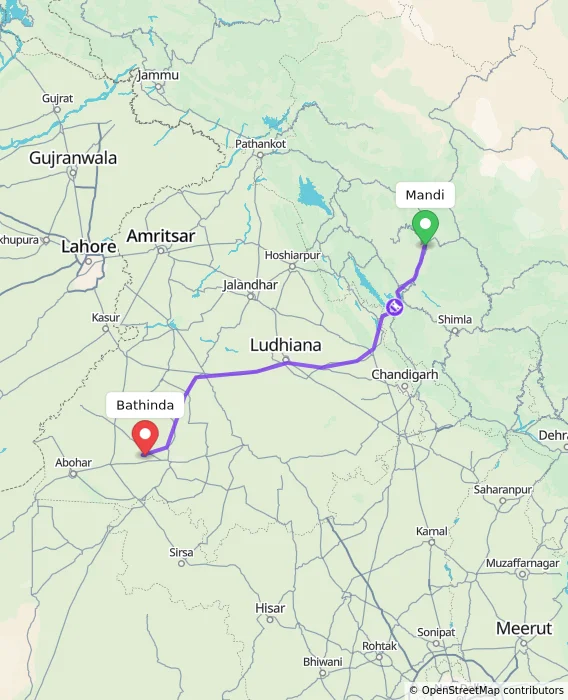 Route map showing distance and travel time from Mandi, India to Bathinda, India