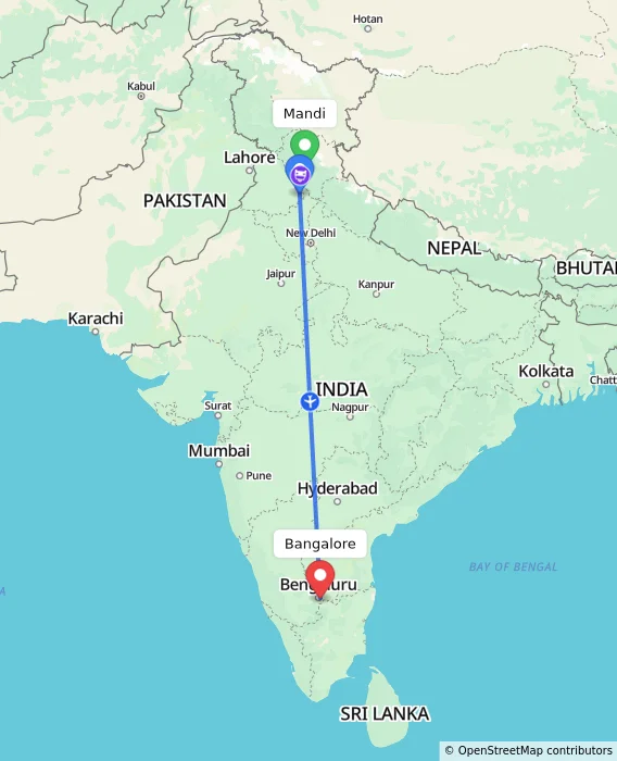 Route map showing distance and travel time from Mandi, India to Bengaluru, India