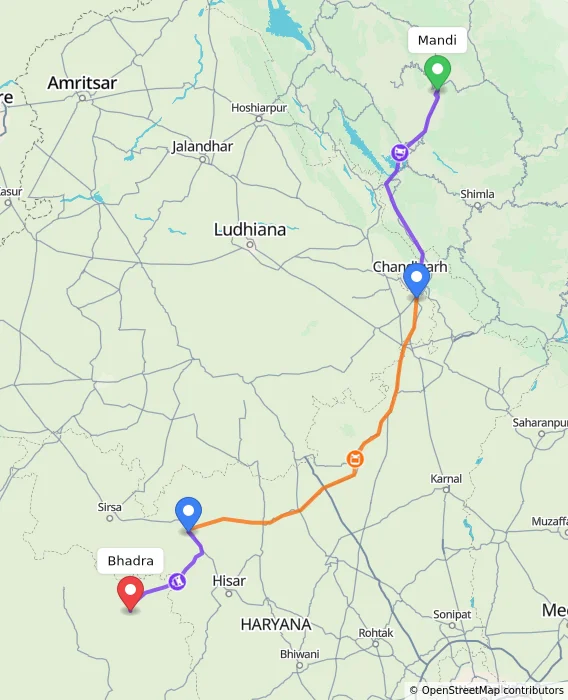 Route map showing distance and travel time from Mandi, India to Bhadra, India