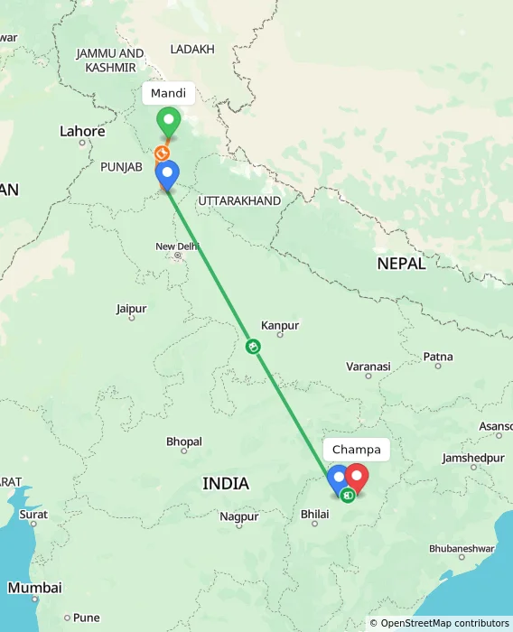 Route map showing distance and travel time from Mandi, India to Champa, India