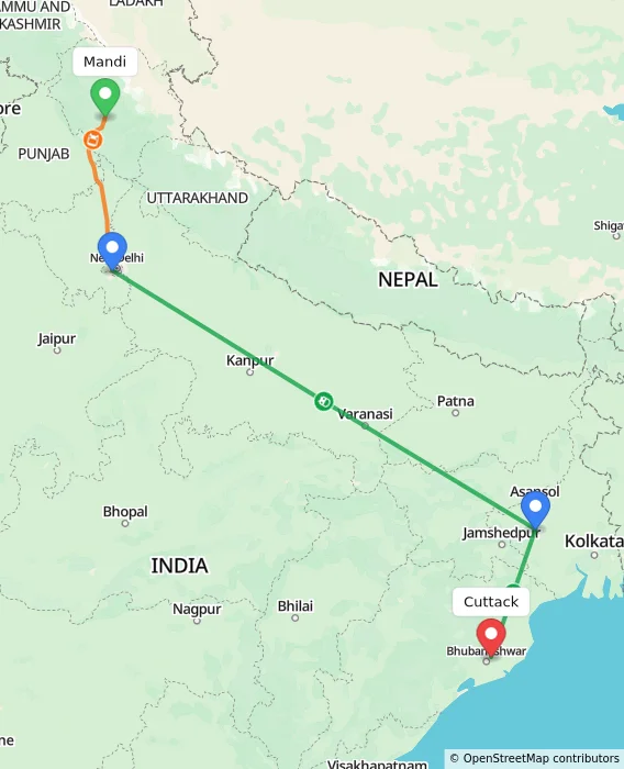 Route map showing distance and travel time from Mandi, India to Cuttack, India
