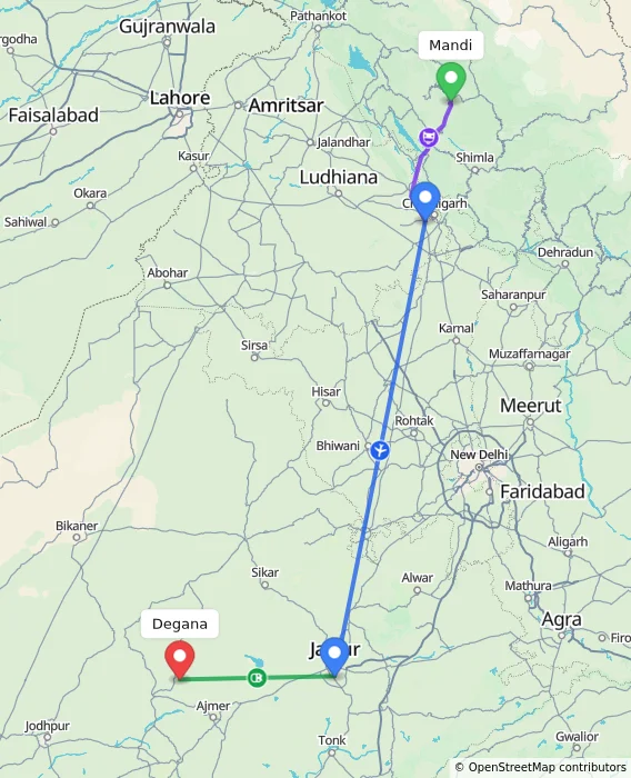 Route map showing distance and travel time from Mandi, India to Degana, India