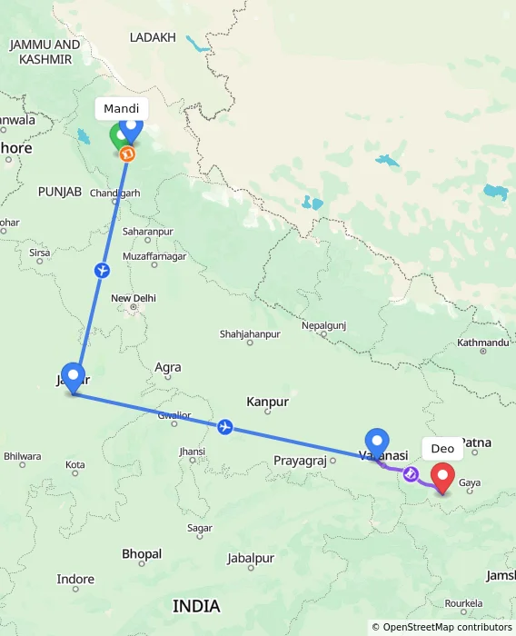Route map showing distance and travel time from Mandi, India to Deo, India
