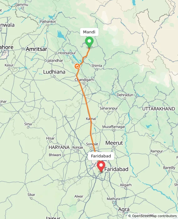 Route map showing distance and travel time from Mandi, India to Faridabad, India