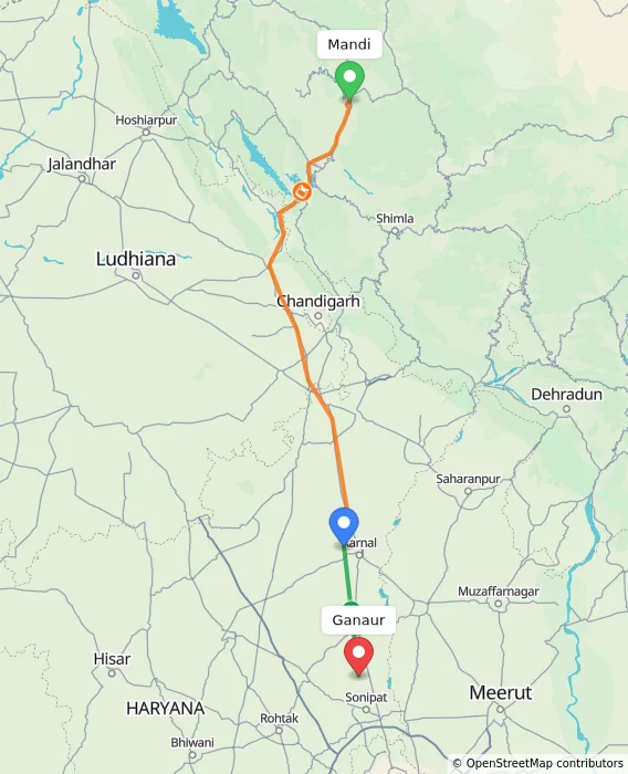 Route map showing distance and travel time from Mandi, India to Ganaur, India