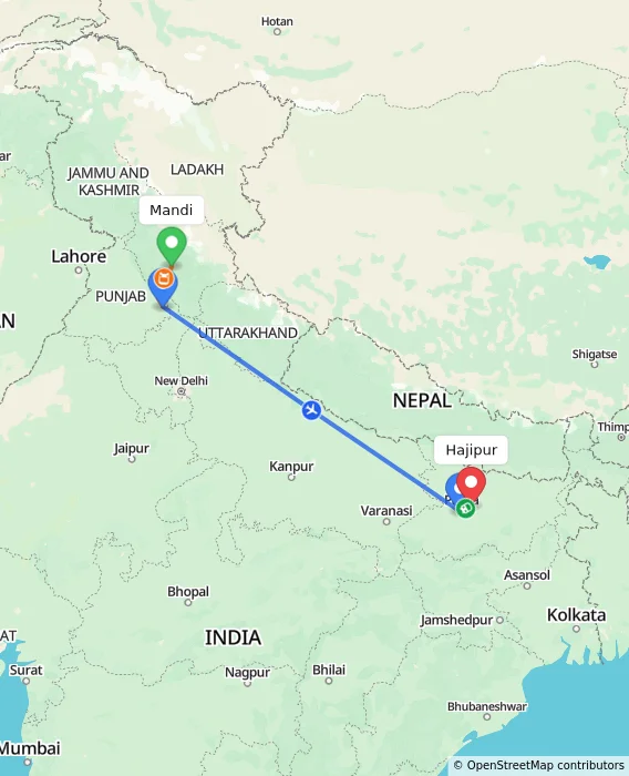Route map showing distance and travel time from Mandi, India to Hajipur, India