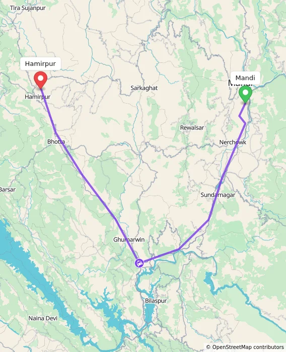 Route map showing distance and travel time from Mandi, India to Hamirpur, India